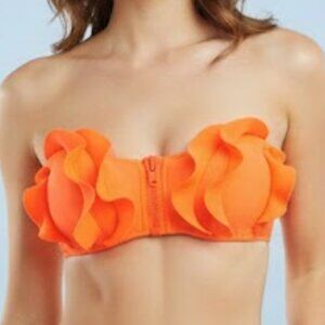 H&M Womens Size 8 Bandeau Bikini Swim Top Neon Coral Accent Zip with Ruffles
